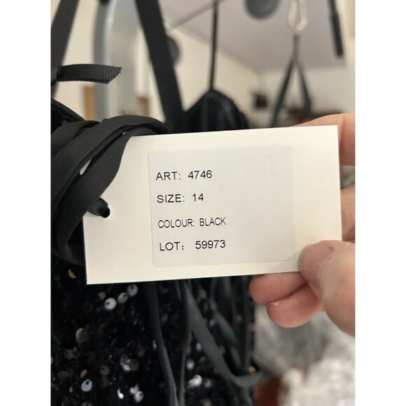 Black Sequined Mini Dress by Alyce Paris, Rhinestone Chains on Hem, Size 14, NWT - Picture 10 of 10